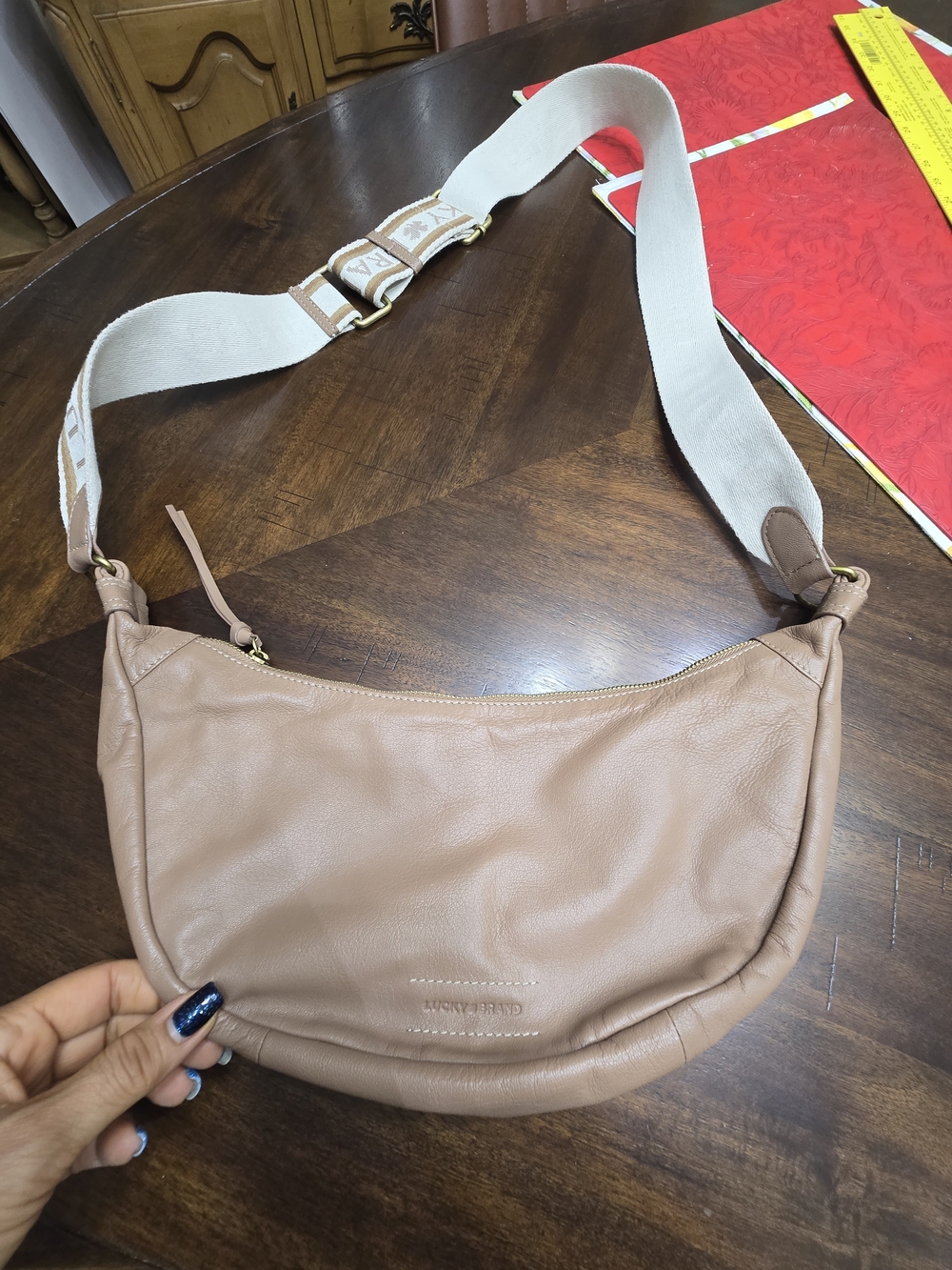 Lucky Brand Taupe Leather Crossbody with Wide Adjustable Canvas Strap